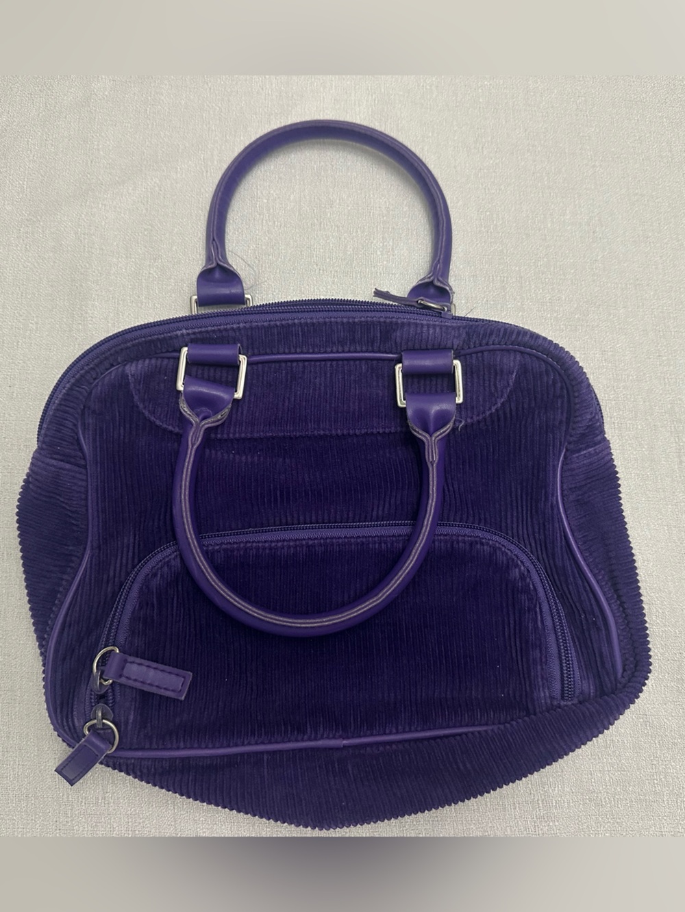 Purple Corduroy Handbag – Structured Tote with Dual Handles & Front Zip Pocket